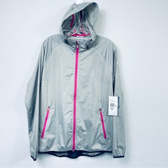 Asics Run Light Jacket Gray Heather Pink Trim Mesh Windbreaker Shell WT0851CW L - Picture 6 of 16